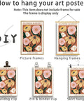 Diagram showing 5 ways to hang a Flower Market Copenhagen poster using different frames and clips.