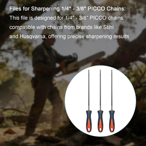 4.0mm Chainsaw File For One Quarter To Three Eighths Inch Picco Chains Fits MS170 MS180 MS250 Saws Sharpening File With Easy Grip Handle 3 Pack Replacement Kit Durable Hardened Steel Fast Precise Sharpening