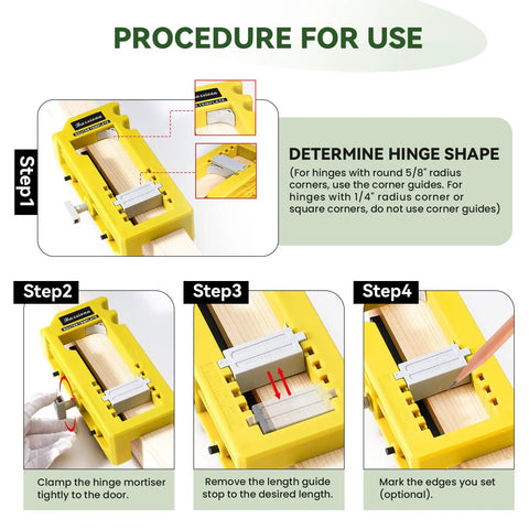 Procedure for use of No Sweat Door Hinge Jig And Router Mortiser Guide showing steps for hinge installation on wood.