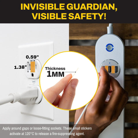 Top Tier Fire Prevention Stickers For Outlets And Power Strips Straight Up Reliable Auto Suppression Pads With Effortless Peel And Stick Setup Keep Your Plug Safe From Wild Electrical Flames Pack Of Twenty, showing specifications on an outlet.