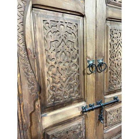 Dope Two Carved Panels Handcrafted Barn Door With Royal Brown Finish Custom Size Dual Sliding Or Hinged Interior Exterior Front Door