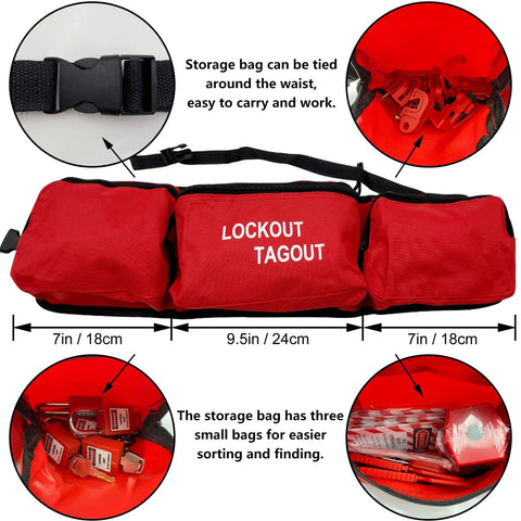 Lockout Tagout Kit For Electrical Panels And Circuit Breakers With Clamp On Lockout, Group Lockout Hasps, Tag, Universal Multi Pole Breaker, Heavy Duty Nylon Pouch, And Dual Padlocks For OSHA Compliant Safety, shown in red nylon pouch with labeled compartments and waist strap.
