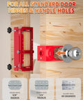 Heavy Duty Door Hinge Jig And Lock Installation Kit Solid Aluminum Router Template For Hinge Mortising And Knob Drilling Built Tough Weekend Warrior Tool Set showing 1/4" and 5/8" hinge radius on wooden board.