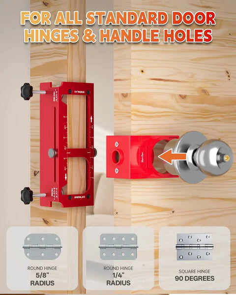 Heavy Duty Door Hinge Jig And Lock Installation Kit Solid Aluminum Router Template For Hinge Mortising And Knob Drilling Built Tough Weekend Warrior Tool Set showing 1/4" and 5/8" hinge radius on wooden board.