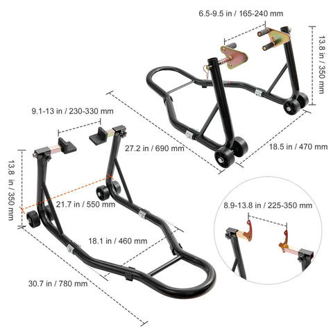Beefy 850 Lb Front And Rear Motorcycle Stand Lift With Combo Fork Wheel Stand And Rear Swingarm Spool Support diagram