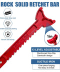 Rock Solid ratchet bar, front view, red with 13-level adjustable sawtooth design in ductile iron