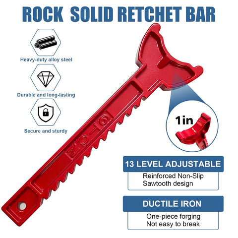 Rock Solid ratchet bar, front view, red with 13-level adjustable sawtooth design in ductile iron