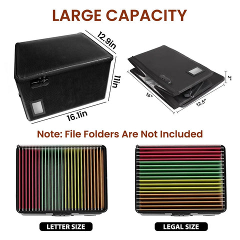 Ultra Durable 6400 Degrees Fahrenheit Fireproof Document Safe Box with Lock showing dimensions and folder capacity