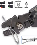 Close-up of heavy duty pro grade wire rope crimping tool and cutter kit with 150 aluminum sleeve sets in three sizes M1.2 M1.5 M2.0