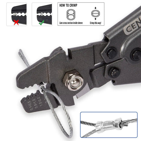 Close-up of heavy duty pro grade wire rope crimping tool and cutter kit with 150 aluminum sleeve sets in three sizes M1.2 M1.5 M2.0