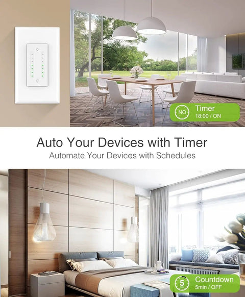 Two Gang Dimmer Switch With Dual Control, 2.4Ghz WiFi Smart Light Switch Compatible With Alexa And Google Home displayed in living room