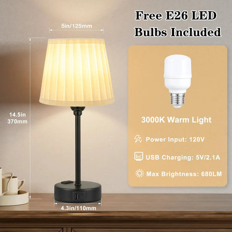 Two Pack Turquoise Bedside Lamps With USB C Port And AC Outlet Charging, features dimensions and E26 LED bulb information