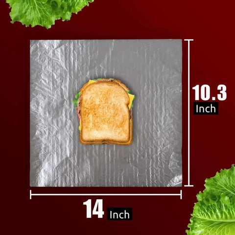 Heavy Duty Insulated Aluminum Foil Sheets Keep Food Hot Or Cold For Hours 50 Pack with sandwich on 14 x 10.3 inch sheet
