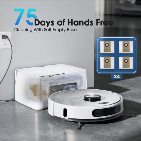 Self Emptying Robotic Vacuum And Mop With 75 Day Hands Free Self Emptying Dustbin LiDAR Mapping featured next to charging base
