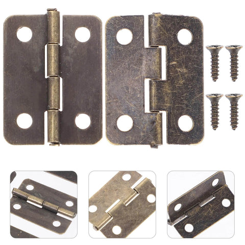2 Inch Mini Folding Hinges With Screws In Antique Copper, 20 Pack for Jewelry Boxes, shown front and side with screws