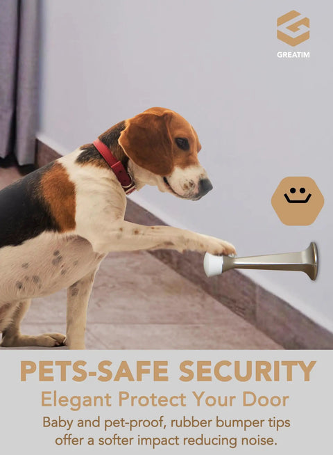 Dog touching 5 Pack 3 Inch Heavy Duty Solid Door Stop With Zinc Die Cast Body And Soft Bumper Tips Silver Finish Built Tough To Stop Doors And Protect Walls For Home And Office.