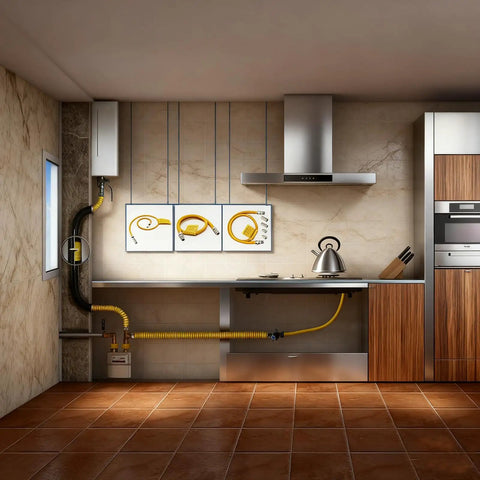 48 Inch Flexible Gas Connector Kit Five Eighths Inch Outer Diameter Yellow Coated Stainless Steel Hose installed in kitchen