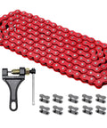 Heavy Duty 420 Chain 132 Link Chain With Breaker Tool And Links For 50cc To 212cc Dirt Bikes Go Karts ATVs Mini Bikes And Coleman SSR TaoTao Apollo Coolster Baja Kazuma shown in red with tool and spare links.