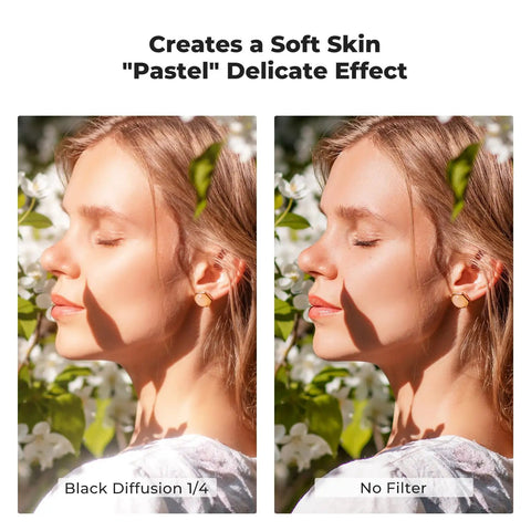Side-by-side comparison showing 49mm Black Diffusion 1/4 Filter soft skin effect versus no filter on portrait.