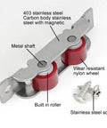 Close-up of 4 Pack Heavy Duty Double Wheel Sliding Window And Door Rollers With Mounting Screws showing the stainless steel body and nylon wheels.