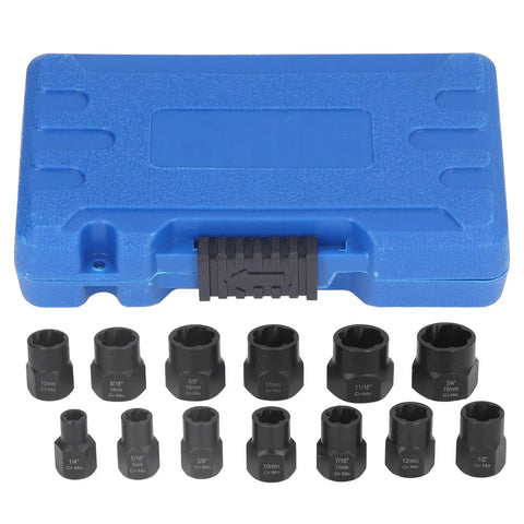 Fafeicy 13-Piece Impact Nut Extractor Socket Kit With Heavy Duty Chrome Molybdenum Steel Driver For Tough Rusty Stripped Bolts And Lug Removal That Cuts The Hassle, blue case and 13 sockets