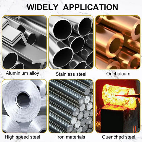 Various metal materials including aluminum alloy, stainless steel, orichalcum, high speed steel, iron, and quenched steel.