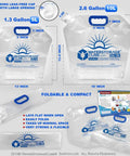 Diagram showing sizes of Premium Collapsible Water Container Bag For Camping And Hiking BPA Free Food Grade with features