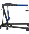 Heavy Duty Off Road Engine Hoist With Lift Plate And 360 Swivel Wheels Made For Two Ton Four Thousand Pound Jobs side view with blue accents.