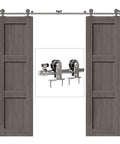Beefed Up Stainless Steel Sliding Track Barn Door Hardware Kit For Double Doors Heavy Duty 13 Ft Long Track 220 Lb Capacity Smooth Quiet Rollers Anti Rust Corrosion Resistant System installed view with wooden doors