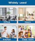 Collage of various rooms labeled: office, home, kitchen, classroom, showing diverse interior settings.