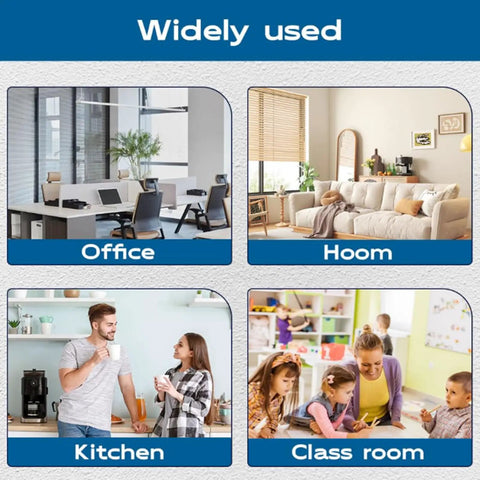 Collage of various rooms labeled: office, home, kitchen, classroom, showing diverse interior settings.