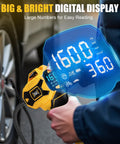 Cordless Tire Inflator Air Compressor With Dewalt 20V Battery Compatibility displaying 160 PSI on digital gauge near car tire