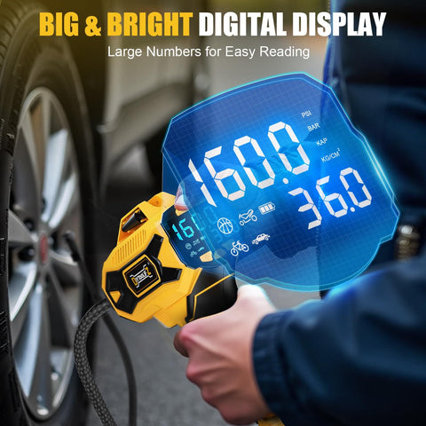 Cordless Tire Inflator Air Compressor With Dewalt 20V Battery Compatibility displaying 160 PSI on digital gauge near car tire