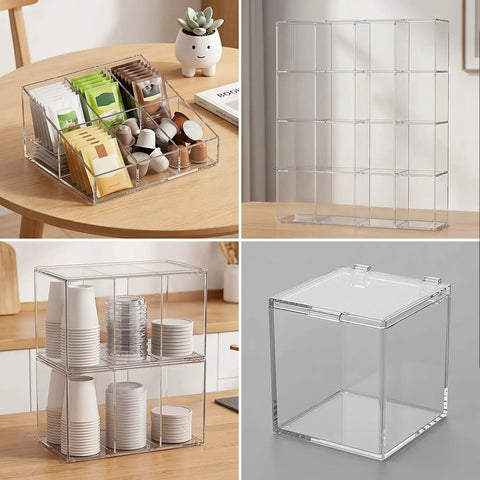 Clear acrylic storage boxes displayed with kitchen items for organized storage