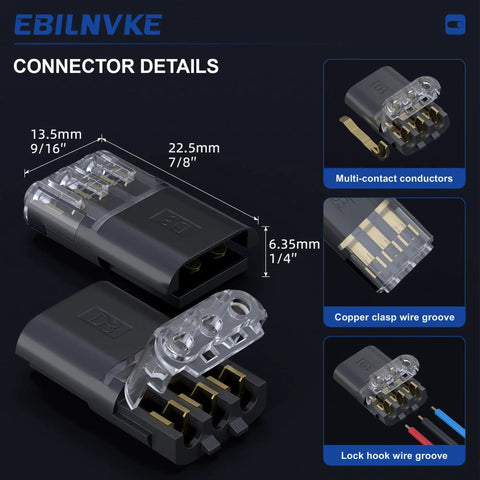3 Wire Plug In Connector With Locking Buckle 18 To 22 AWG Pack Of 20 showing connector details and dimensions