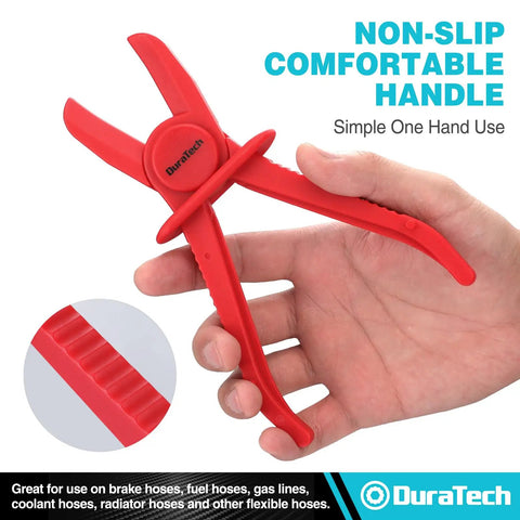 Hand holding a red three piece hose pinch clamp pliers set for fuel, brake, radiator hoses, insulated PA6 nylon, non conductive