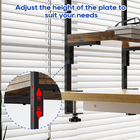 Adjustable height feature of Dope Clamp On Desk Shelf Two Tier Wood Setup For Office Desk And Gaming Accessories 12.5 Inch Tabletop Rack