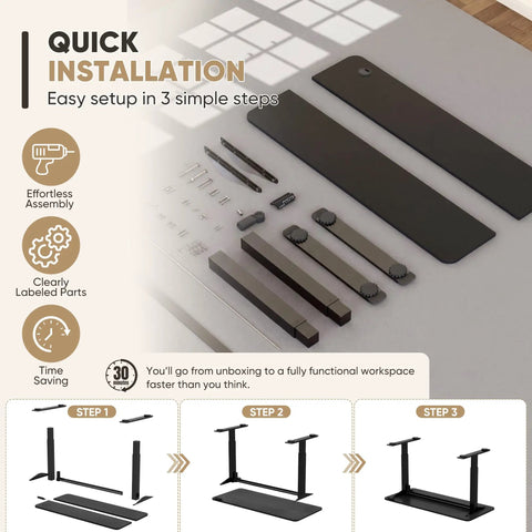 Components and assembly steps of 55 By 24 Inch Electric Height Adjustable Standing Desk For Home Office With Memory Preset And T Shaped Metal Bracket Big Sit Stand Computer Desk Black.