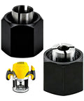 Heavy Duty Router Collet Set Packing 1/2 And 1/4 Inch Bushings, black steel collets for precision woodworking.