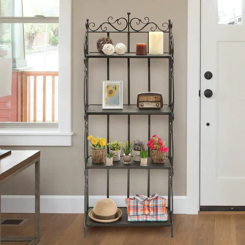 Black Metal Freestanding Storage Rack With Four Wood Shelves And Decorative Scrollwork Displays Plants Photos Or Pantry Items Looks Fresh Builds Tough Hassle Free Assembly Great For Kicking Up Any Apartment Or Home Office