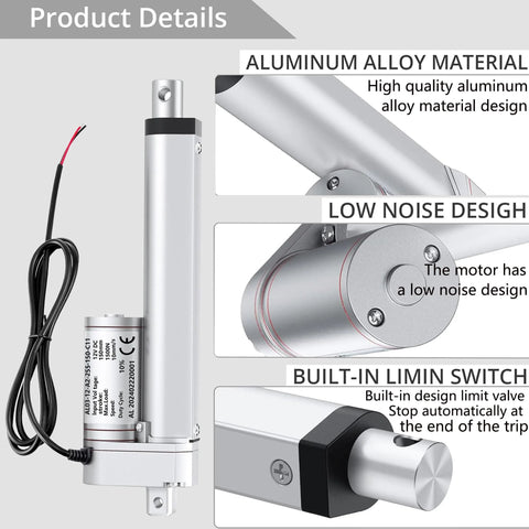 AWINLI 12V aluminum alloy linear actuator, 660 lb (1500 N), 150 mm travel, IP54 waterproof rating.