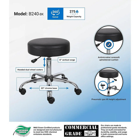 Antimicrobial Vinyl Medical Spa Stool Black With Round Armless Design And Easy Gas Lift Height Adjustment For A Six Inch Range
