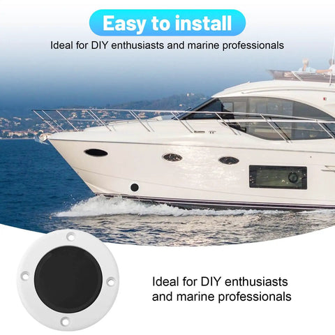 Self Bailing Cockpit Scupper Valve Kit For Boats With 2 7 8 Inch Rubber Flapper Valve And Gasket shown next to a yacht.