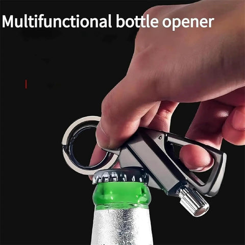 Hand using 3 In 1 All Metal Multitool Keychain Lighter And Bottle Opener For Outdoor Adventures to open a bottle cap.