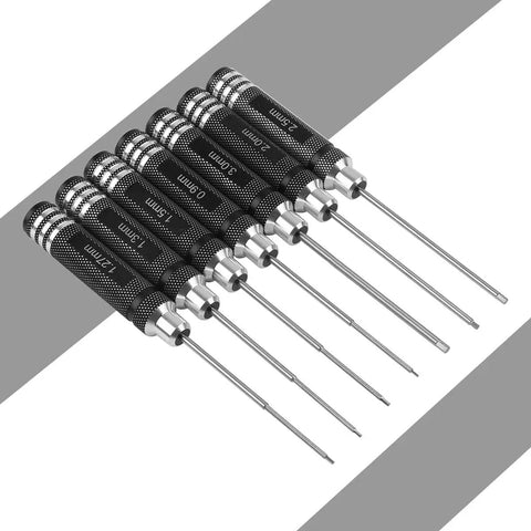 Pro RC Hex Driver Set 7Pc Hex Allen Screwdriver Kit With 0.9mm to 3.0mm Bits arranged side by side