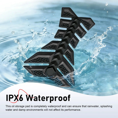 Badass 3D Rubber Fishbone Motorcycle Tank Pad With Grippy Antislip Knee Grip For Universal Street Bike Fuel Tanks Custom Black floating in water demonstrating waterproof features.