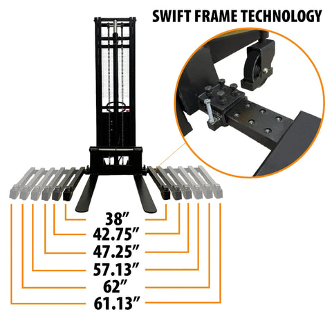 Semi Electric Wide Leg Pallet Stacker With 3307 Lbs Load Capacity And 138 Inch Lift Height showcasing adjustable frame with Swift Frame Technology.
