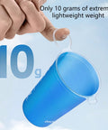 Foldable Water Bottle 200ml Shatterproof, Lightweight Hydration Bottle held on fingertip, showing 10g weight, sky background.