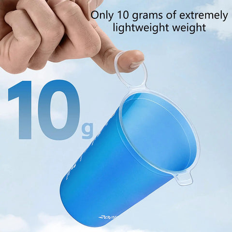 Foldable Water Bottle 200ml Shatterproof, Lightweight Hydration Bottle held on fingertip, showing 10g weight, sky background.