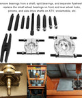Kick Ass 5 Ton Bearing Puller Set 12pcs Bar Type Separator And Splitter Kit For Removing Bearings On ATV And Snowmobile Engines Pulling Flywheels Smoothly While Doing Pro Repair Work That Makes Any Job Look Totally Sick All Day Long. 12pc steel bearing puller set with separators, splitters, and bolts